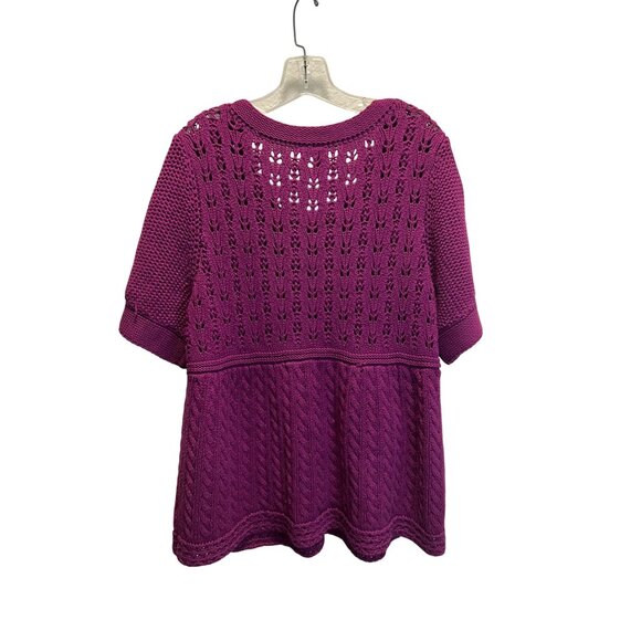 Purple Short-Sleeve Knit Cardigan Sweater With Button Front & Cable Details  XL - Picture 2 of 6
